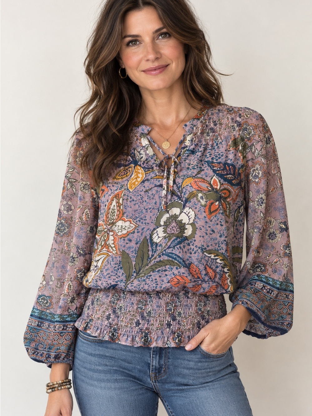 fig and flower Anthropologie, Lavender Floral Tie-Neck Smocked Blouse, Medium